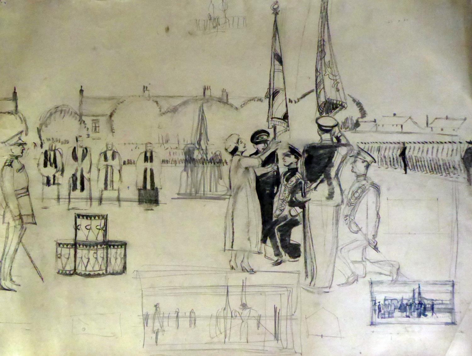 ATTRIBUTED TO HARRY RUTHERFORD (1903-1985) SET OF FOUR PREPARATORY DRAWINGS Queen Mothers visit, - Image 3 of 4