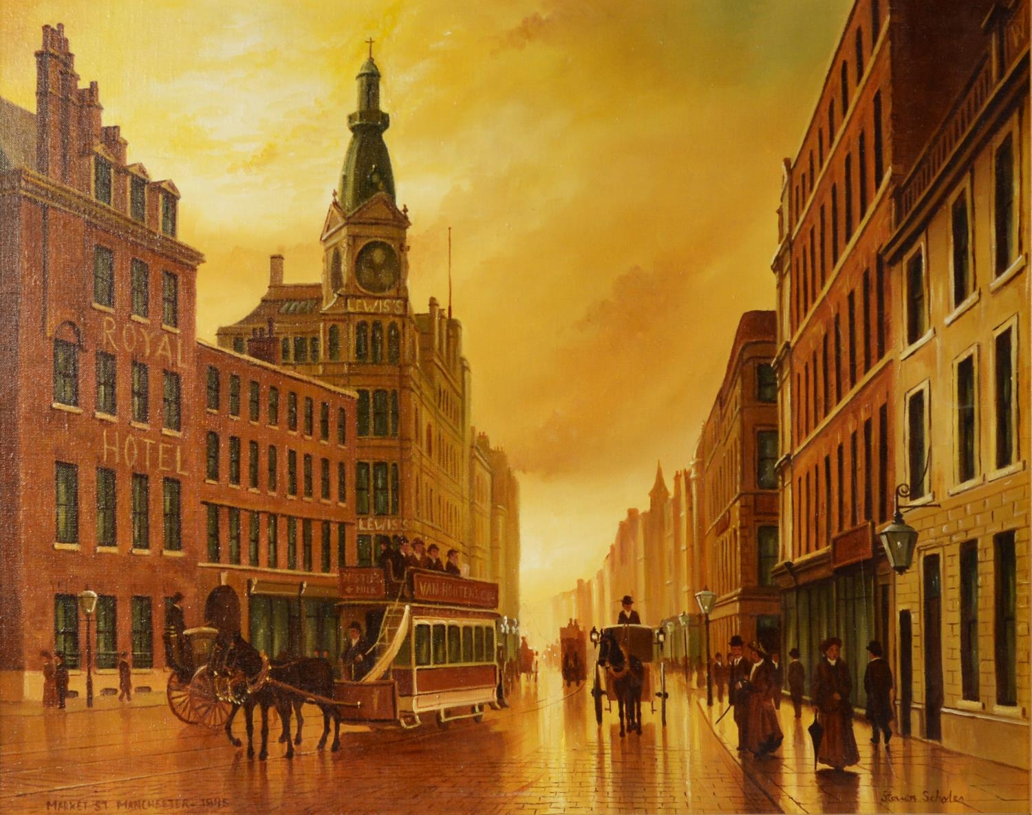 STEVEN SCHOLES (b.1952) OIL ON CANVAS ‘Market St. Manchester 1895’ Signed and titled 15 ½” x