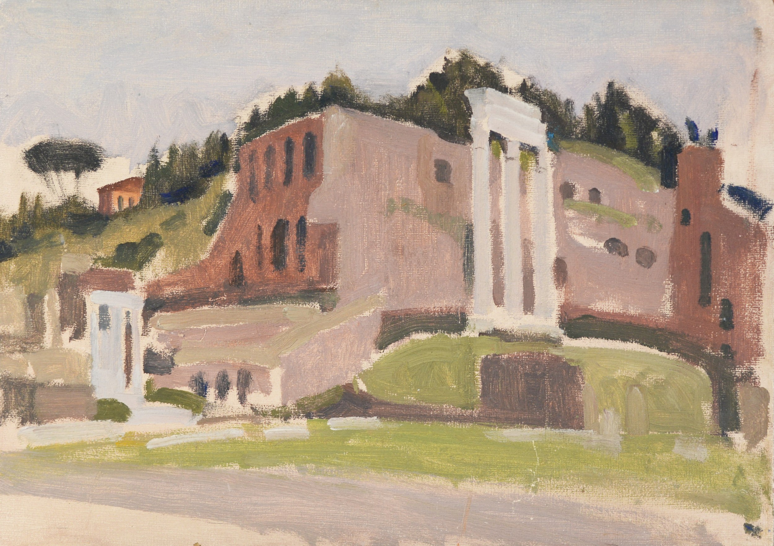 HARRY RUTHERFORD (1903 - 1985) OIL PAINTING ON ARTIST'S BOARD Roman ruins Unsigned 10in x 14in (25.5