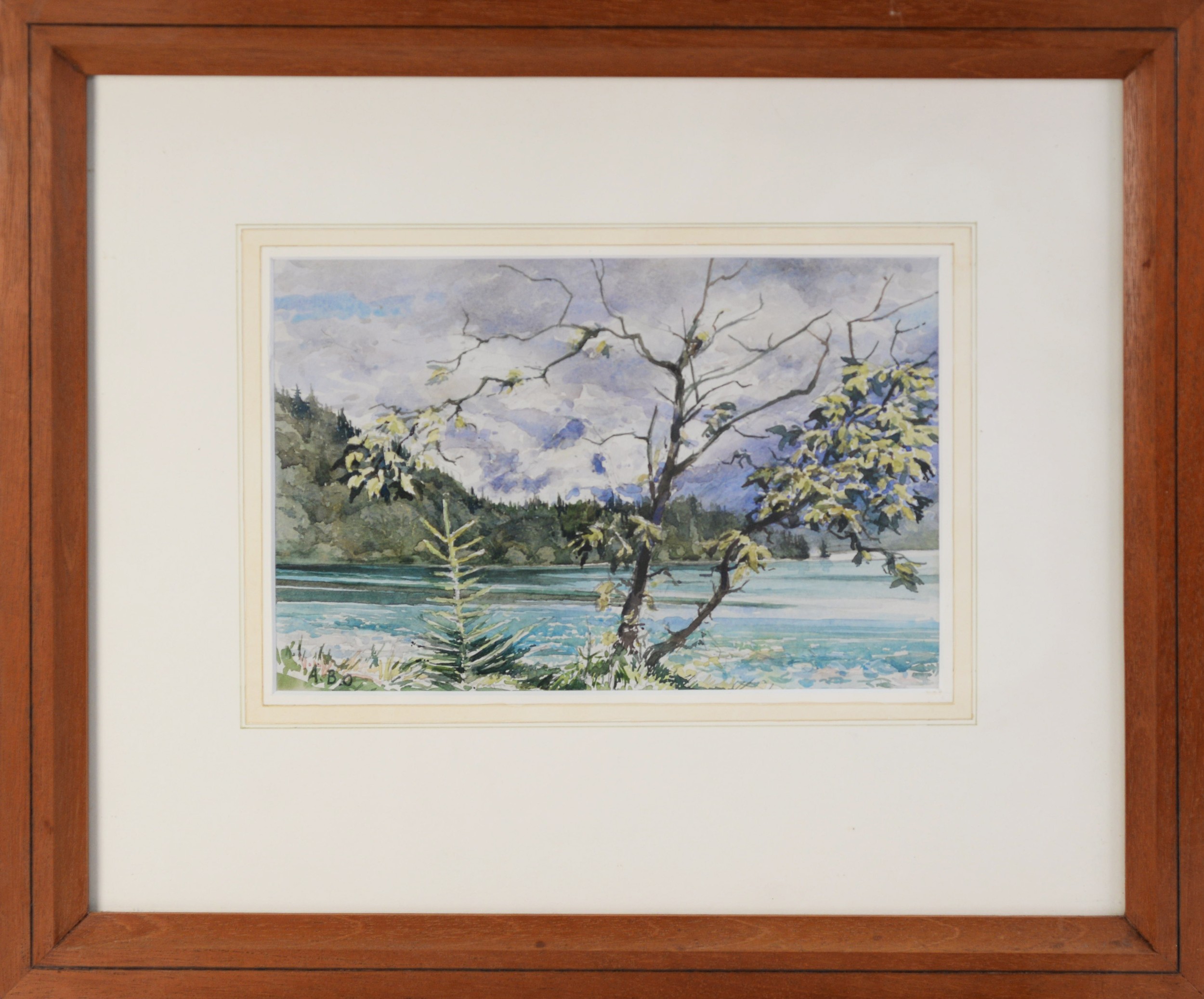 ALBERT B OGDEN (b. 1928) WATERCOLOUR DRAWING Windswept Tree, Fuschlsee, landscape with lake, small - Image 2 of 2
