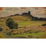 HARRY RUTHERFORD (1903-1985) OIL ON BOARD Landscape with Mottram Church on the hill top in the