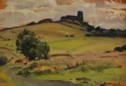 HARRY RUTHERFORD (1903-1985) OIL ON BOARD Landscape with Mottram Church on the hill top in the