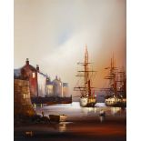 BARRY HILTON (b.1941) OIL ON CANVAS Ships in harbour at night time Signed 19 ½” x 15 ½” (49.5cm x