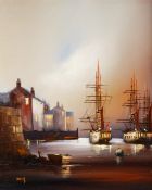 BARRY HILTON (b.1941) OIL ON CANVAS Ships in harbour at night time Signed 19 ½” x 15 ½” (49.5cm x