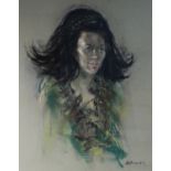 HAROLD RILEY (b.1934) PASTEL ON GREY PAPER Bust portrait of a young woman with long black hair and