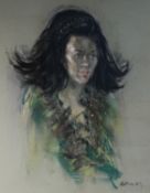 HAROLD RILEY (b.1934) PASTEL ON GREY PAPER Bust portrait of a young woman with long black hair and