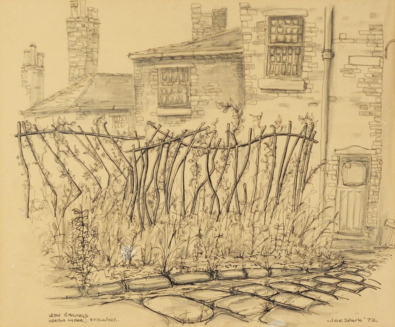 JOE SPARKS (TWENTIETH CENTURY) THREE PEN AND INK DRAWINGS ‘Iron Railings, Heaton Moor, Stockport’ 8”