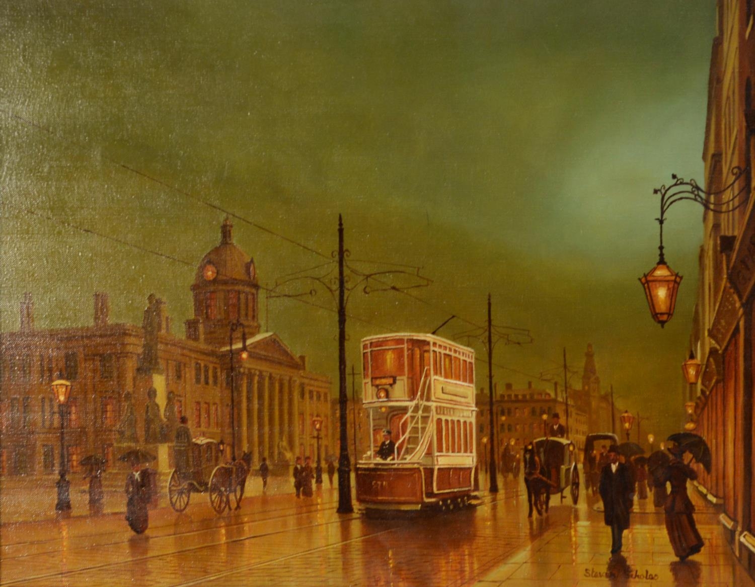 STEVEN SCHOLES (b.1952) OIL ON CANVAS Bygone street scene with tram and horse drawn carriages Signed