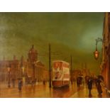 STEVEN SCHOLES (b.1952) OIL ON CANVAS Bygone street scene with tram and horse drawn carriages Signed