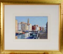 BOB RICHARDSON (b.1938) PASTEL Venetian canal scene with moored boats Signed 7 ½” x 10 ¾” (19cm x