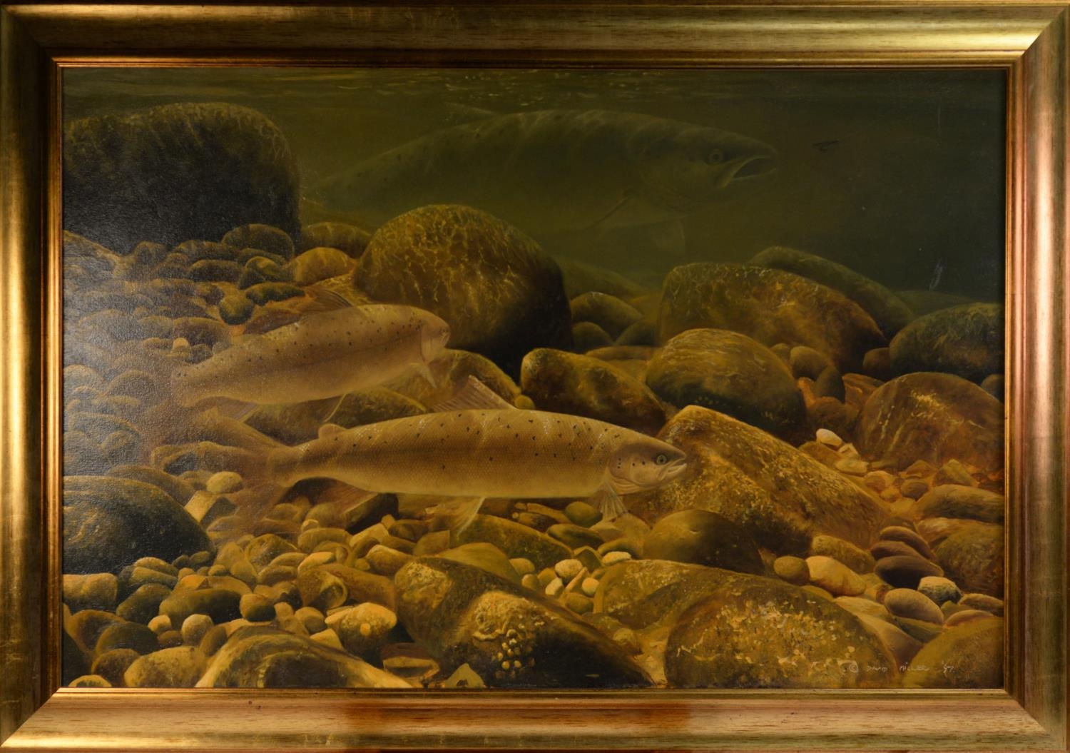 DAVID MILLER (b.1966) OIL ON CANVAS Three salmon, one about to take the angler’s fly Signed and - Image 2 of 2