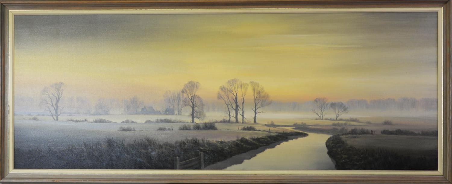 MICHAEL MORRIS (b.1938) OIL ON CANVAS Sunset winter landscape Signed 17 ½” x 47 ½” (44.4cm x 120.