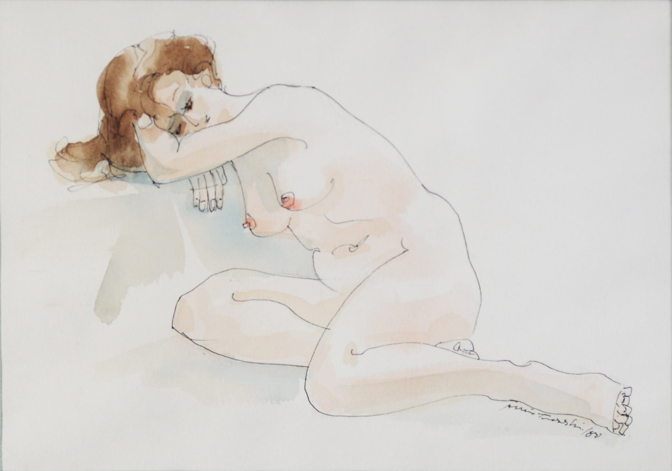 ALBIN TROWSKI (1919 - 2012) PEN AND WASH DRAWING Reclining female nude Signed lower right 6 1/2in