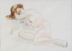 ALBIN TROWSKI (1919 - 2012) PEN AND WASH DRAWING Reclining female nude Signed lower right 6 1/2in