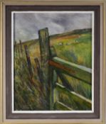 ALBERT B. OGDEN (b. 1928) OIL PAINTING ON CANVAS Roeburndale Fell, fence and farmgate with sheep