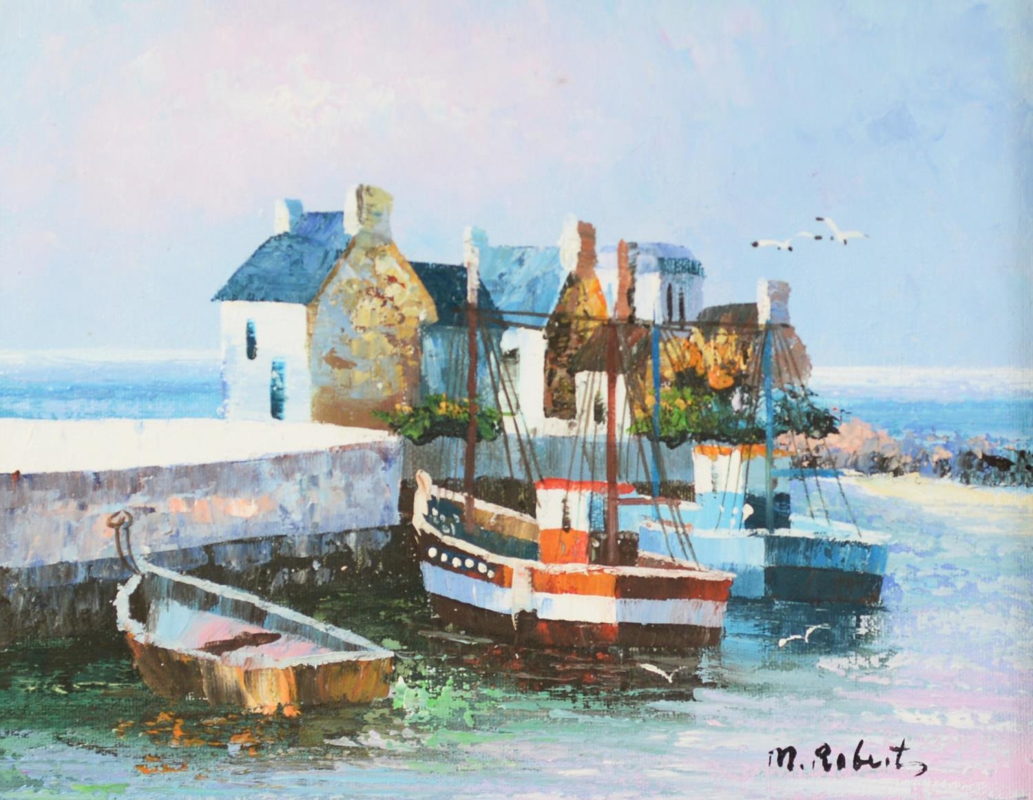 M. ROBERTS (TWENTIETH/ TWENTY FIRST CENTURY) OIL ON CANVAS Moored trawler in a Cornish harbour