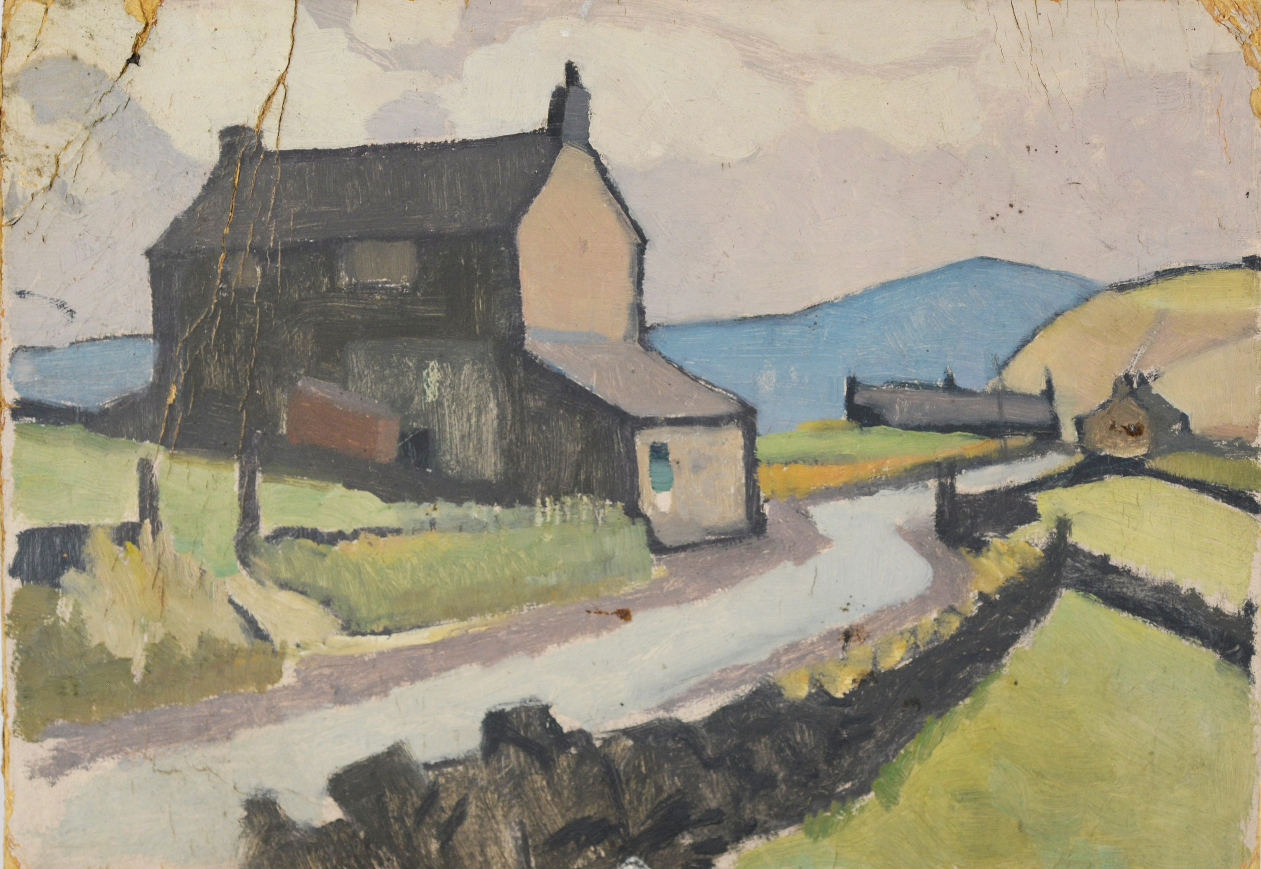 HARRY RUTHERFORD (1903 - 1985) OIL PAINTING ON BOARD Hilly landscape with buildings and winding road