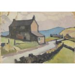 HARRY RUTHERFORD (1903 - 1985) OIL PAINTING ON BOARD Hilly landscape with buildings and winding road