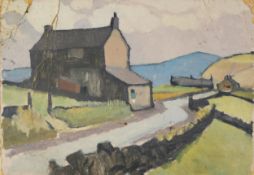 HARRY RUTHERFORD (1903 - 1985) OIL PAINTING ON BOARD Hilly landscape with buildings and winding road