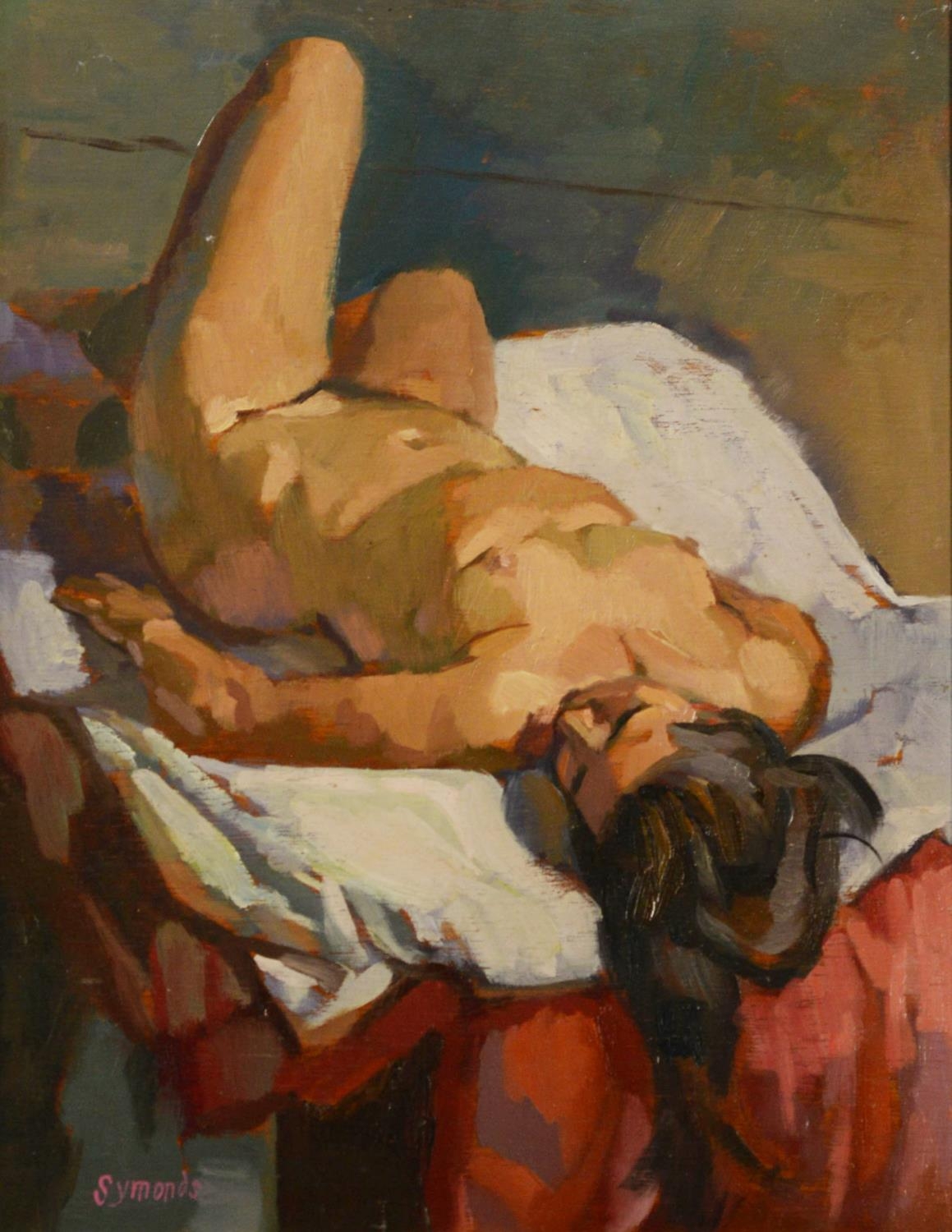 KEN SYMONDS (1927-2010) OIL ON BOARD ‘Nude Asleep’ Signed, titled to piece of hardboard stuck to the