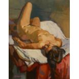 KEN SYMONDS (1927-2010) OIL ON BOARD ‘Nude Asleep’ Signed, titled to piece of hardboard stuck to the