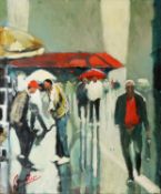 DAVID COULTER (TWENTIETH/ TWENTY FIRST CENTURY) OIL ON CANVAS Street scene with figures Signed 23 ½”