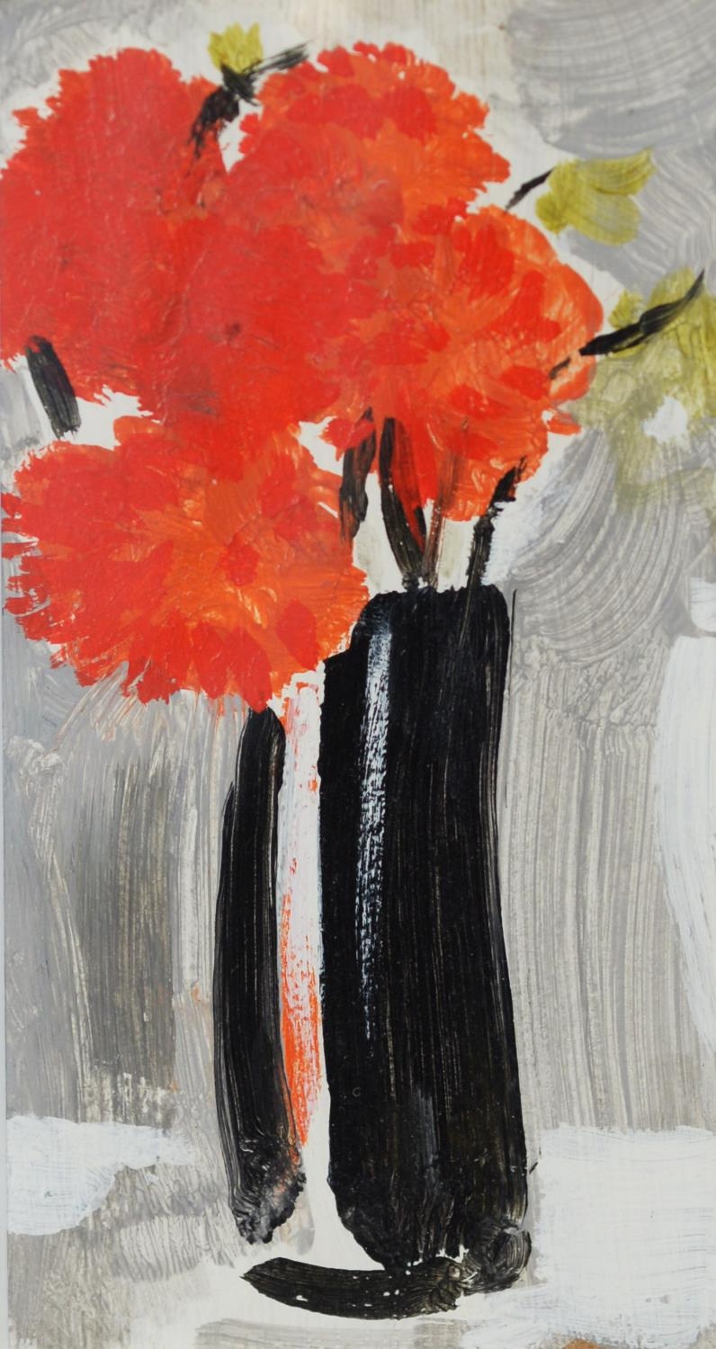 KENNETH LAWSON (1920 - 2008) ACRYLIC ON BOARD ‘Dahlias in a Black Vase, (2)’, 1992 Signed, titled