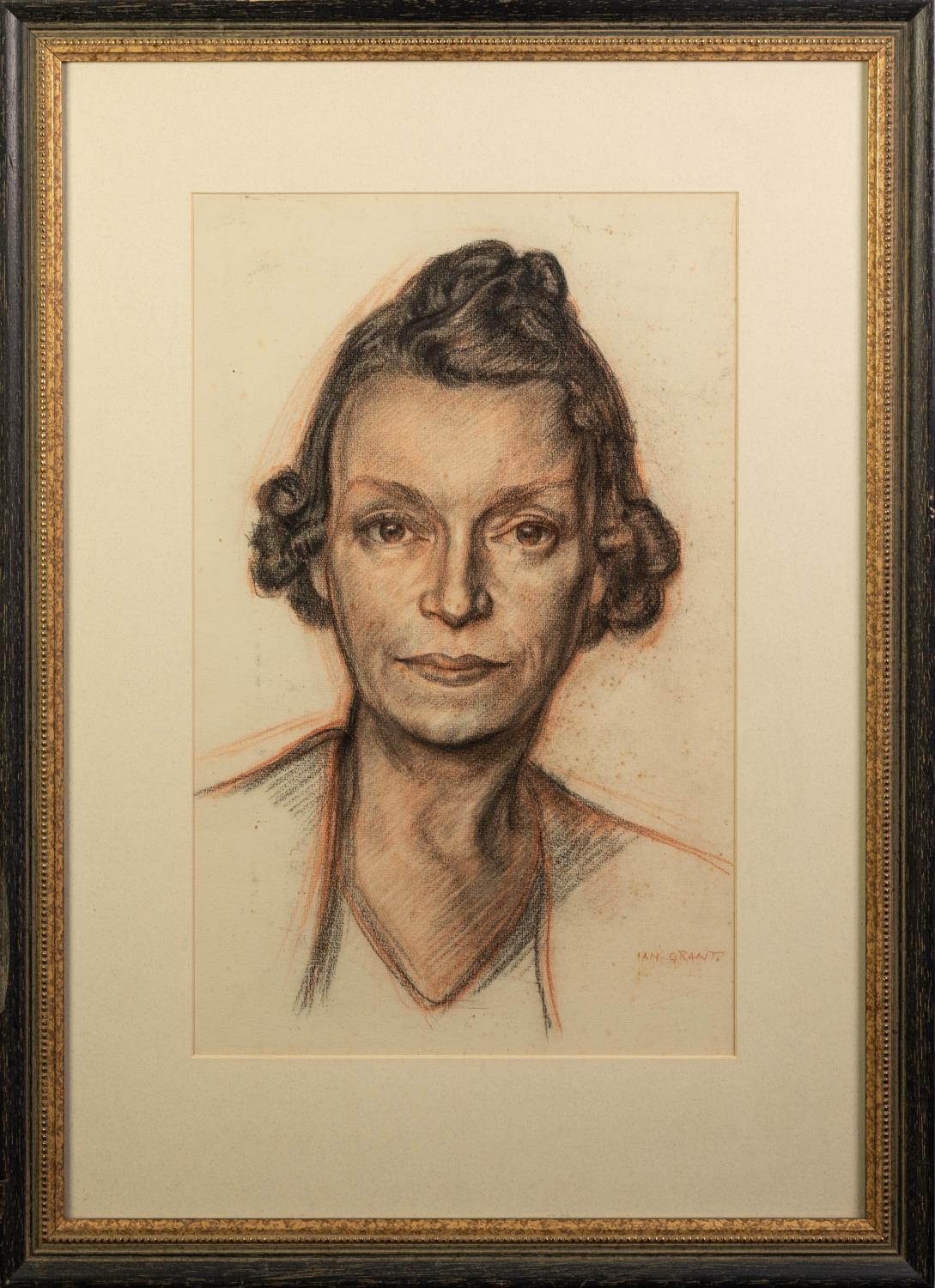 IAN GRANT (1904 - 1993) CONTE CRAYON DRAWING The Artist's Mother, bust portrait Signed lower right - Image 2 of 2