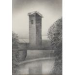 TREVOR GRIMSHAW (1947-2001) PENCIL DRAWING Stone tower beside a canal Signed 9 ¾” x 6 ½” (24.8cm x