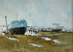 ALBERT B. OGDEN (b. 1928) OIL PAINTING ON BOARD Semprene's Boat, two houseboats at low tide Signed