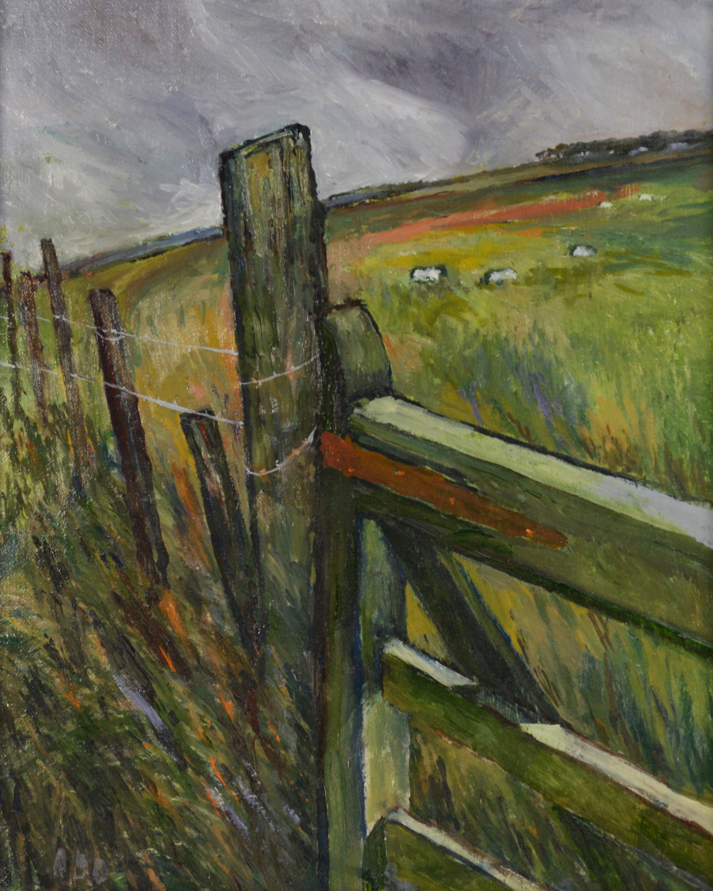 ALBERT B. OGDEN (b. 1928) OIL PAINTING ON CANVAS Roeburndale Fell, fence and farmgate with sheep - Image 2 of 2