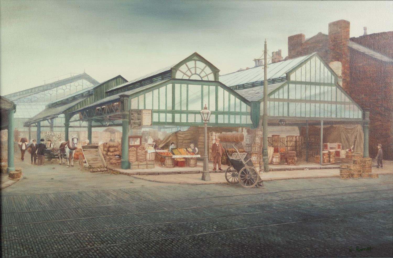 CLARE ROONEY (TWENTIETH/ TWENTY FIRST CENTURY) OIL ON BOARD Bygone scene of Smithfield Market,