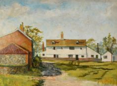 ALBERT B OGDEN (b. 1928) OIL PAINTING ON BOARD Farm Cottages, rural village scene with whitewashed