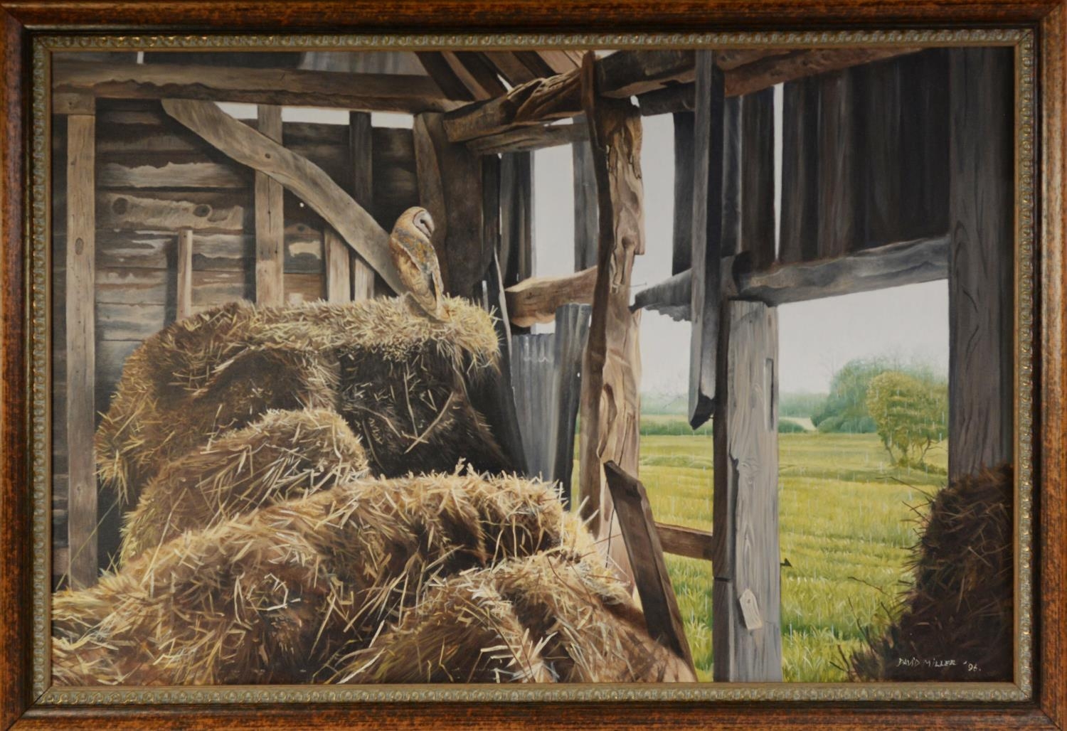 DAVID MILLER (b.1966) OIL ON CANVAS Barn owl perched on hay bails Signed and dated (19)96 19 ¾” x 29 - Image 2 of 2