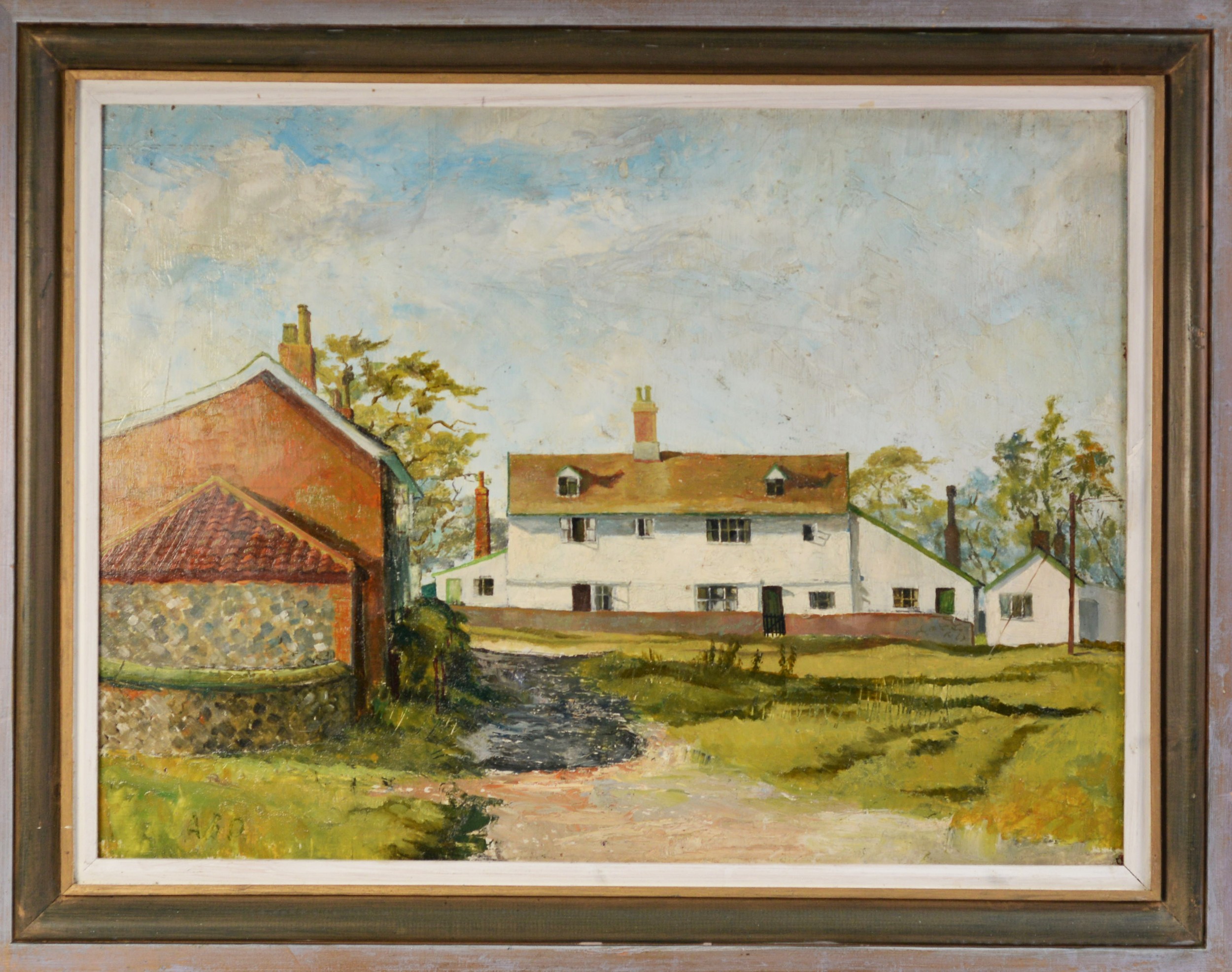 ALBERT B OGDEN (b. 1928) OIL PAINTING ON BOARD Farm Cottages, rural village scene with whitewashed - Image 2 of 2