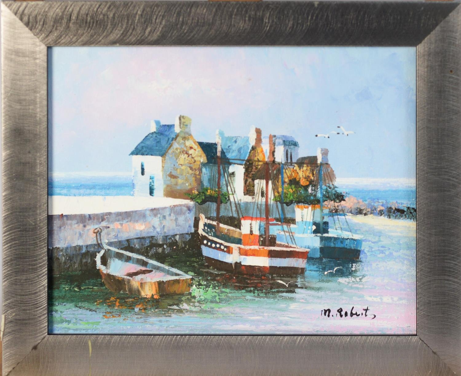 M. ROBERTS (TWENTIETH/ TWENTY FIRST CENTURY) OIL ON CANVAS Moored trawler in a Cornish harbour - Image 2 of 2