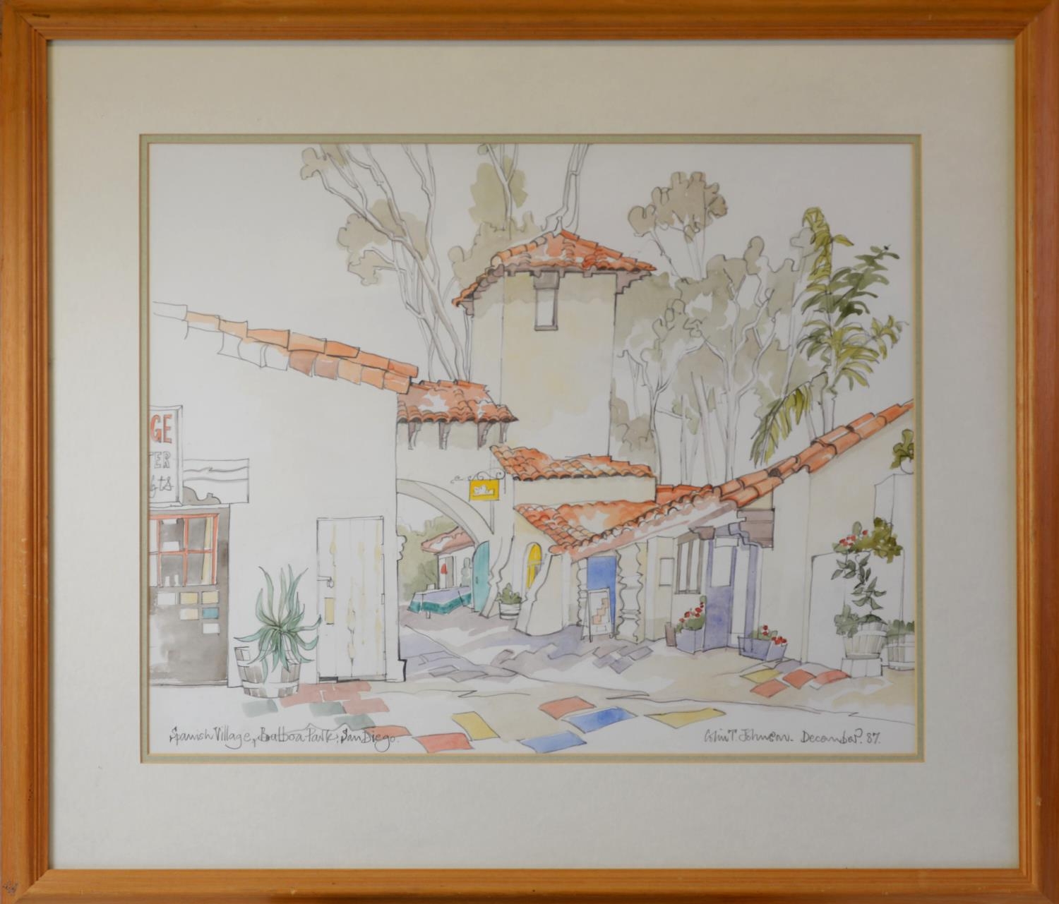 COLIN TREVOR JOHNSON (b.1942) PENCIL AND WATERCOLOUR ‘Spanish Village, Balboa Park, San Diego’ - Image 2 of 3