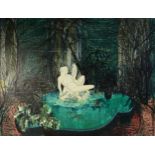 MARGARET GUMUCHIAN (1928 - 1999) OIL PAINTING ON BOARD The Conservatory, pond with statuary fountain