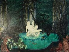 MARGARET GUMUCHIAN (1928 - 1999) OIL PAINTING ON BOARD The Conservatory, pond with statuary fountain