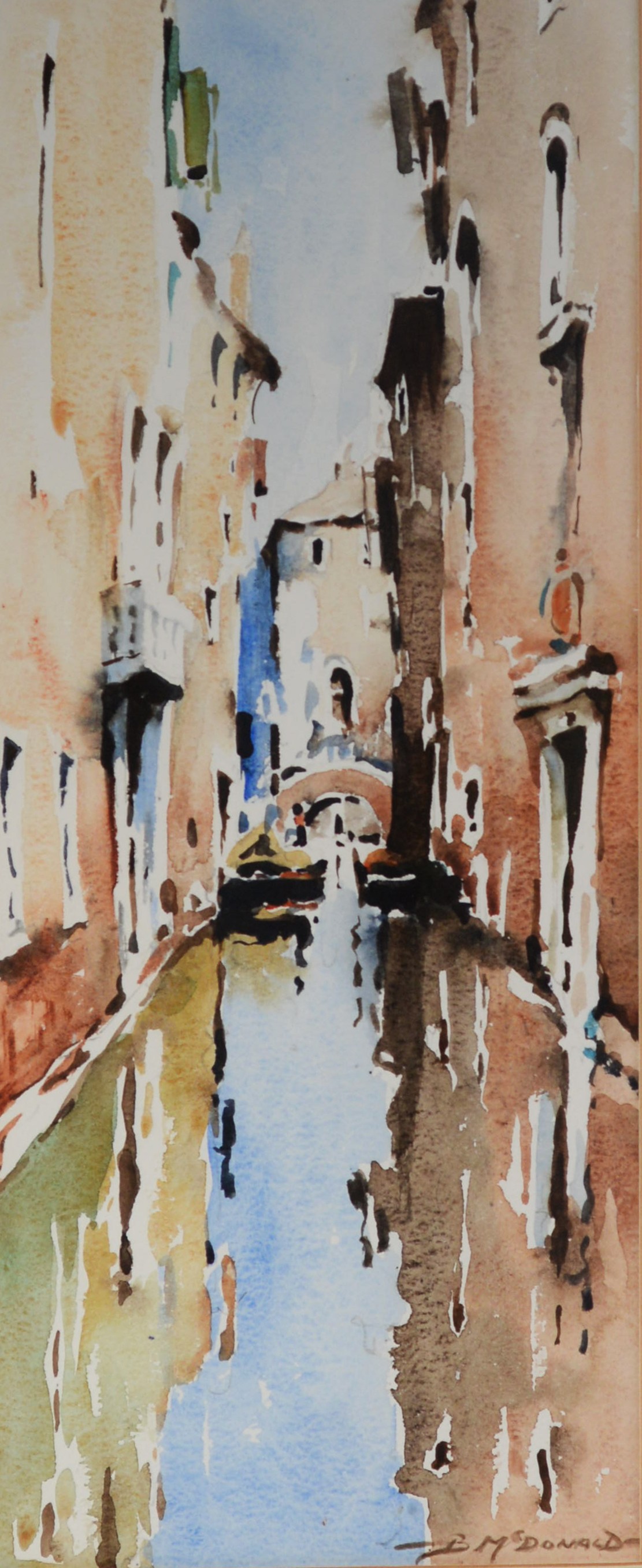 BERNARD McDONALD (b.1944) WATERCOLOUR Venetian canal scene Signed 19 ½” x 8” (49.5cm x 20.3cm)