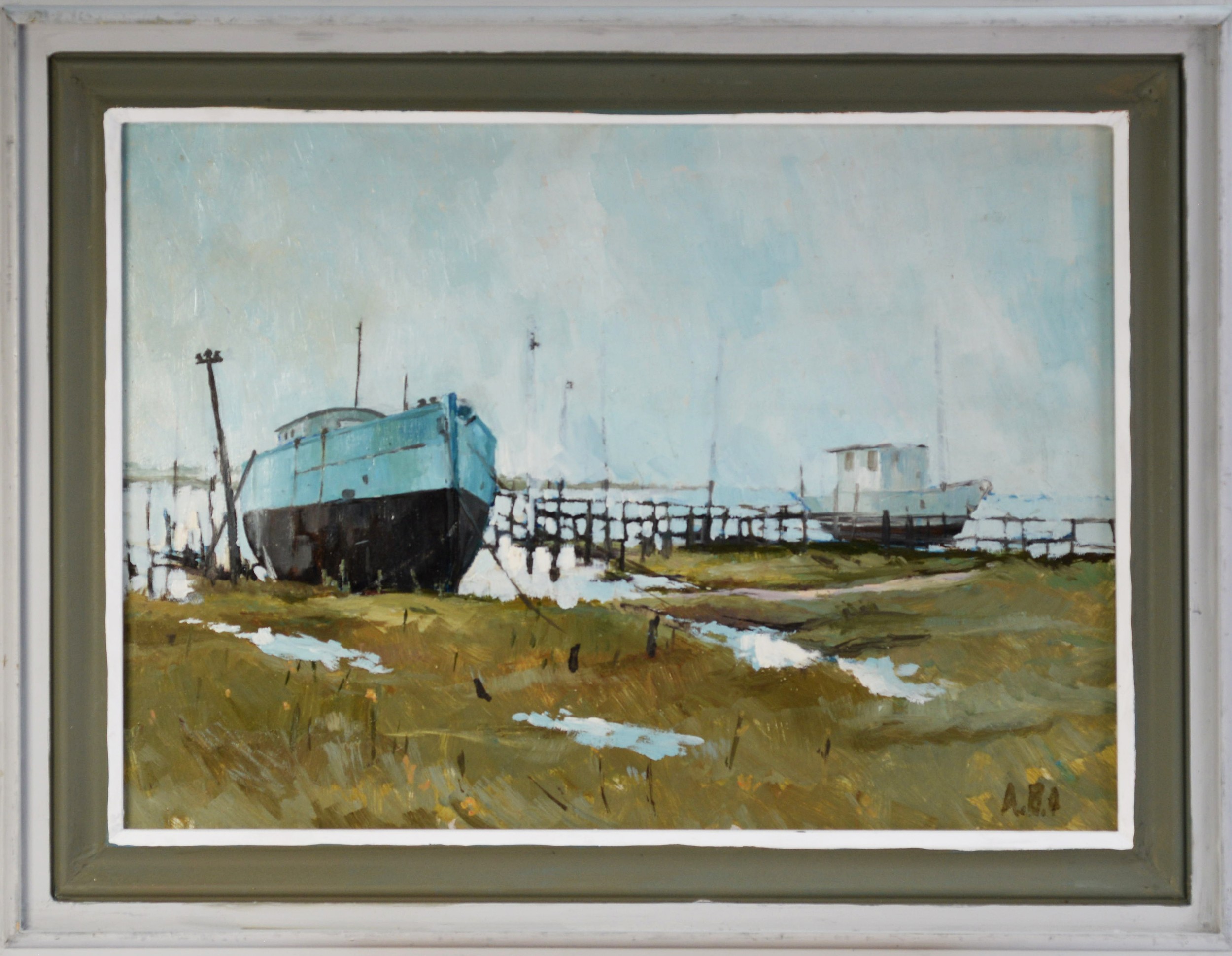 ALBERT B. OGDEN (b. 1928) OIL PAINTING ON BOARD Semprene's Boat, two houseboats at low tide Signed - Image 2 of 2