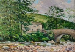 ALBERT B OGDEN (b. 1928) OIL PAINTING ON CANVAS Wray Bridge, landscape with cottage, tree, river and