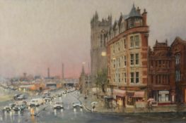 MARC GRIMSHAW (b.1957) PASTEL Deansgate, Manchester at dusk, with Cathedral in the Background Signed