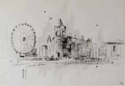 ANNA GAMMANS (MODERN) MONOCHROME MIXED MEDIA ON PAPER ‘Cardiff Bay’ Initialled, titled to gallery