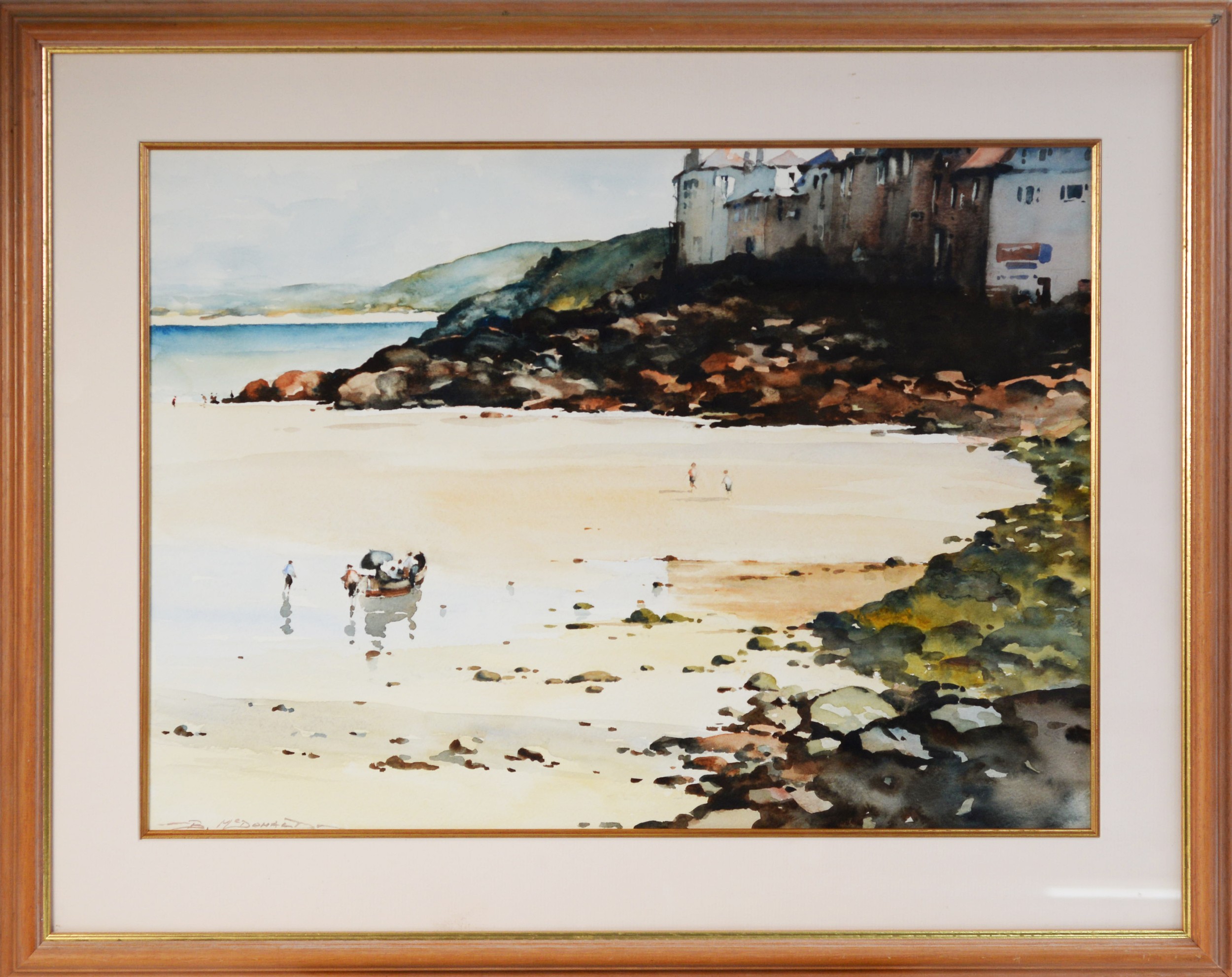 BERNARD McDONALD (b.1944) WATERCOLOUR St. Ives beach scene with figures and rowing boat Signed 14 ½” - Image 2 of 2