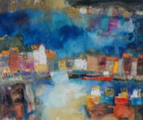 CAROLINE BAILEY (b.1953) MIXED MEDIA Harbour and town Signed 17 ½” x 21” (44.4cm x 53.3cm)