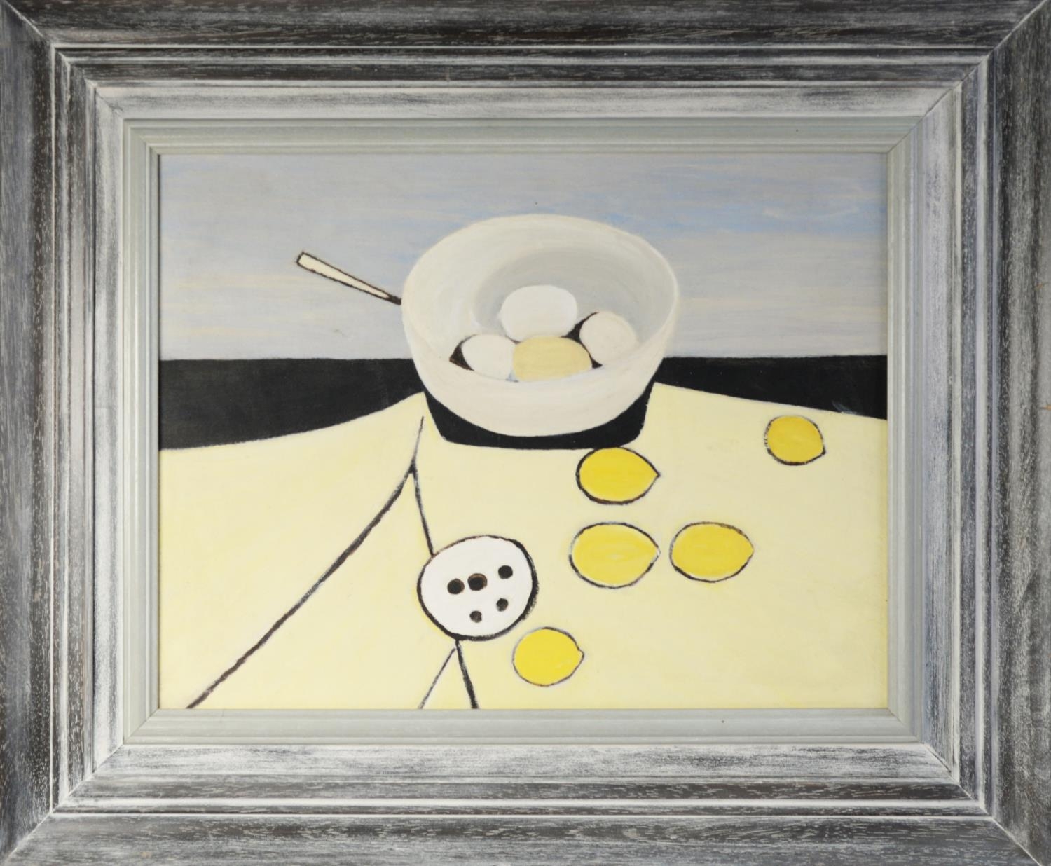 UNATTRIBUTED, AFTER WILLIAM SCOTT OIL ON BOARD Still Life - lemons and a pan of eggs Unsigned 16” - Image 2 of 2