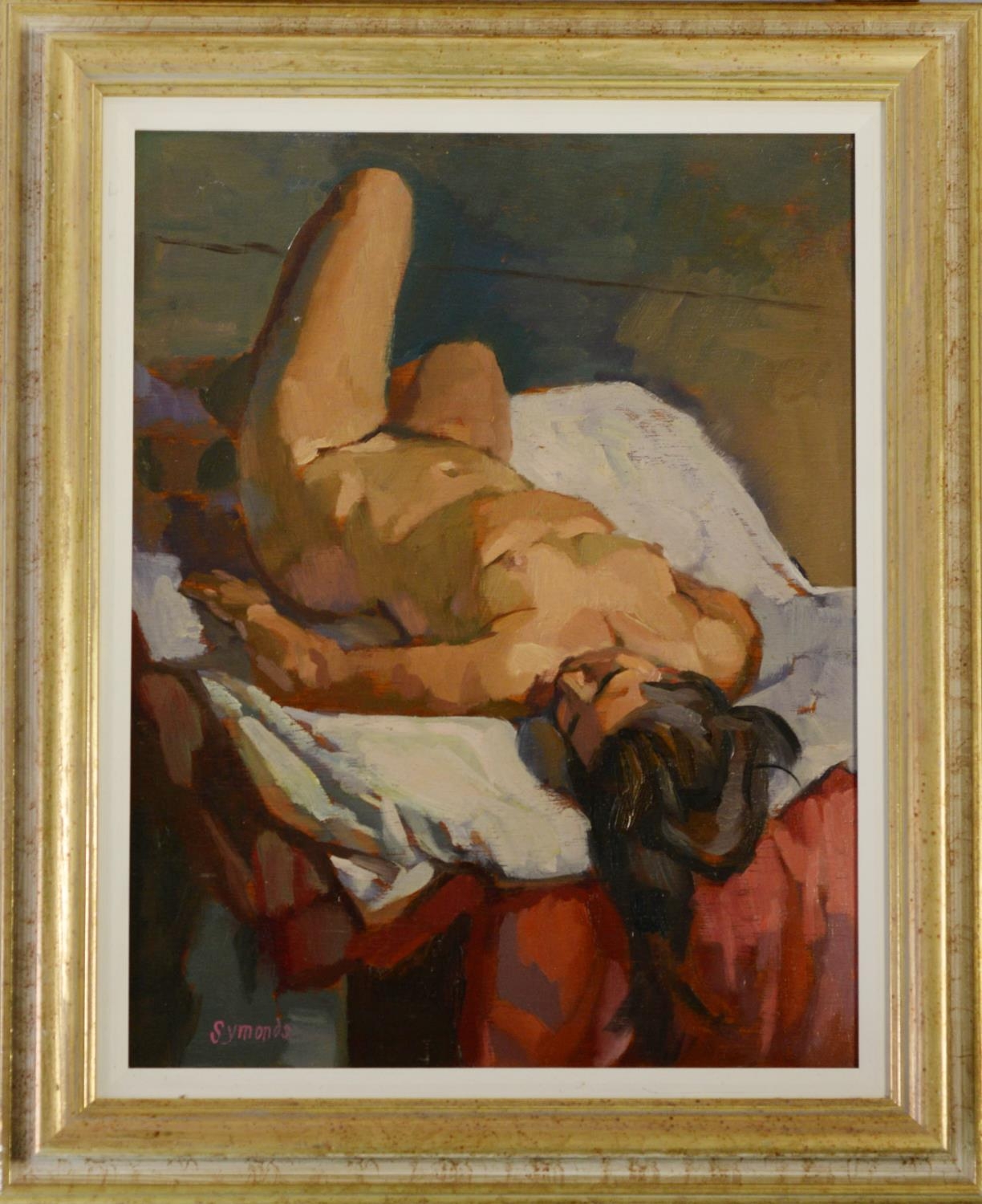 KEN SYMONDS (1927-2010) OIL ON BOARD ‘Nude Asleep’ Signed, titled to piece of hardboard stuck to the - Image 2 of 3