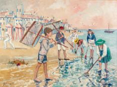 TOM DURKIN (1928-1990) ACRYLIC ON CANVAS Beach scene with children with fishing and shrimping nets