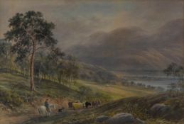 INITIALLED J.C.P (NINETEENTH CENTURY) WATERCOLOUR Ben Nevis with drover and cattle Initialled